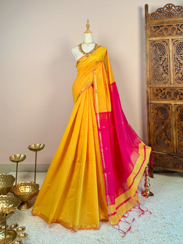Mustard-Pink Silk-Cotton Woven-Butti South-Saree