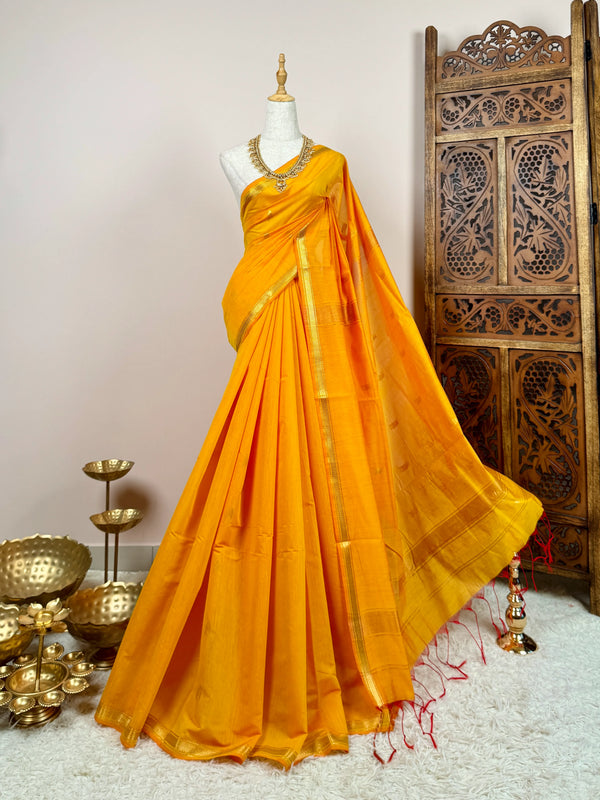 Mustard-Yellow Poly-Silk-Cotton Butta-Woven South-Saree