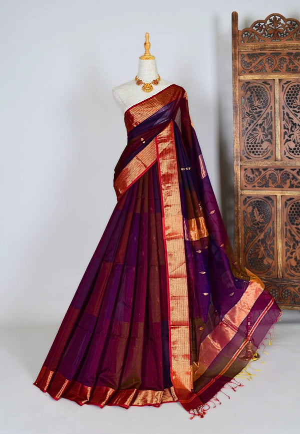 Purple-Orange Handwoven Pure Silk Cotton Zari-Butta Maheswari Saree