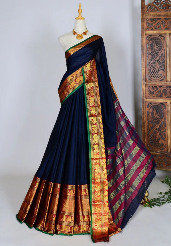 Navy-Blue Soft-Cotton Rich-Border North-Saree