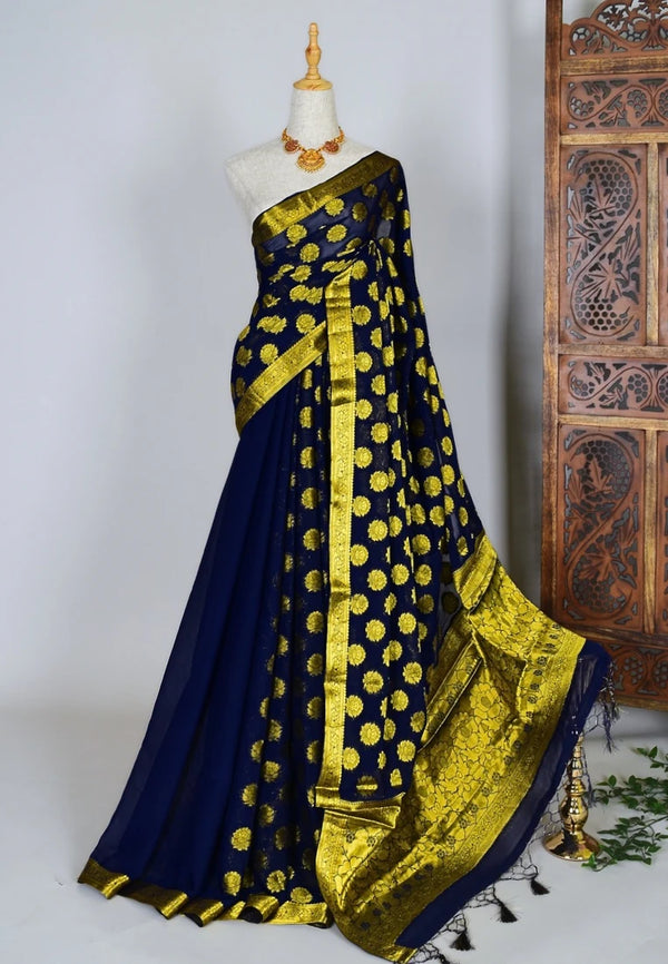 Navy-Blue Chiffon Butta-Body Banarasi-Saree