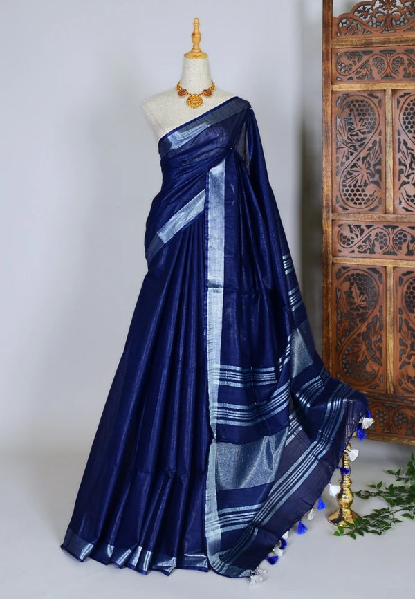 Navy-Blue Linen-Cotton Silver-Zari-Border Bengal-Saree