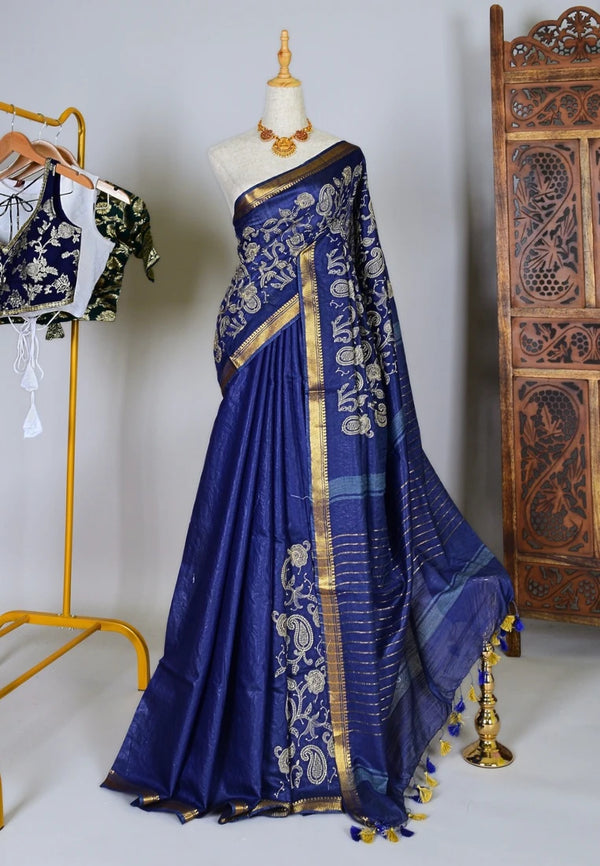 Navy-Blue Kota-Silk White-Embroidered-Details Woven-Patta-Border Bengal-Saree