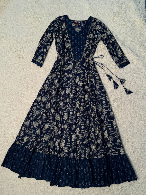 Navy-Blue Pure-Cotton Screen-Print Ruffle-Pleated Anarkali-Kurti-Set