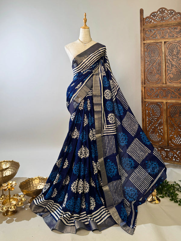 Navy-Blue Soft-Cotton Printed-Body-Design North-Saree