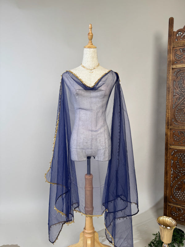 Navy-Blue Bead-Embroidered Border Dupatta