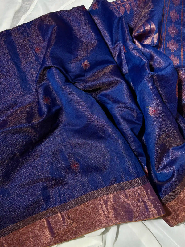 Navy blue tissue Linen copper zari bengal saree