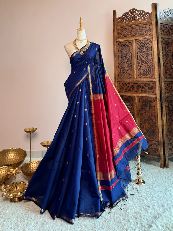 Navy-Blue-Maroon Silk-Cotton Woven-Butti South-Saree
