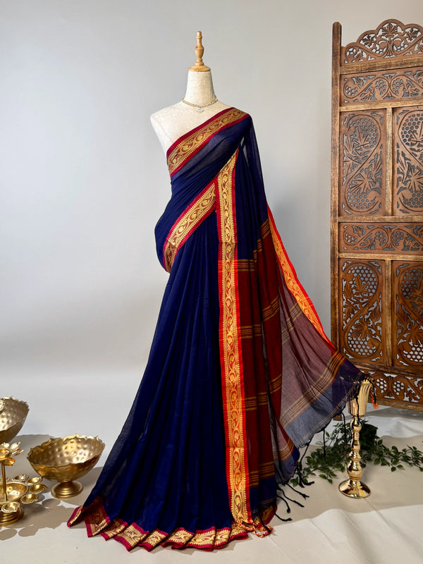 Navy-Blue-Red Cotton Woven-Border South-Saree