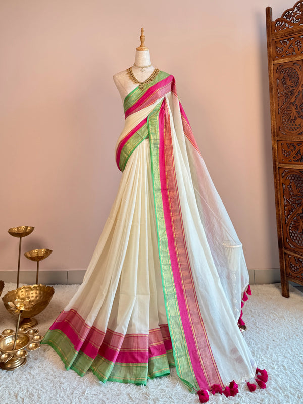Off-White-Green-Pink Handspun Pure-Cotton Woven-Twin-Border Bengal-Saree