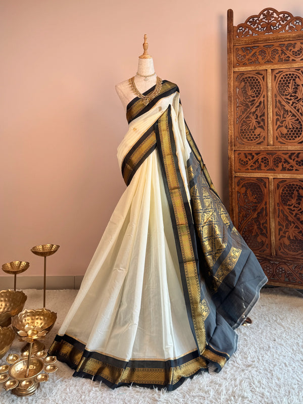 Off-White-Black Silk-Cotton Woven-Butti South-Saree