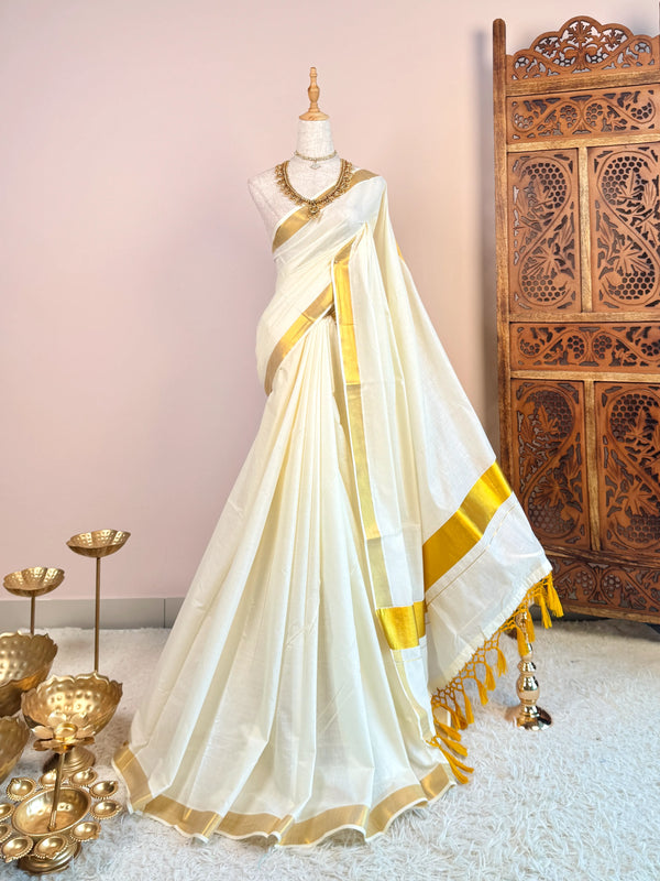 Off-White-Gold Handspun Pure-Cotton Plain-Gold-Woven-Border Big-Tassels South-Saree