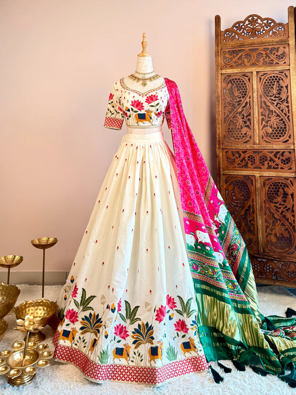 Off-White-Pink Pure-Cotton Pichwai-Theme-Embroidery Flared-Lehenga-Skirt Blouse & Dupatta Set