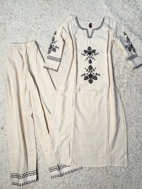 Off-White Embroidered Linen-Cotton Kurti-Pants-Set