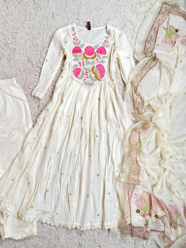 Off-White Embroidered Super-Flare Anarkali-Kurti-Dupatta-Set