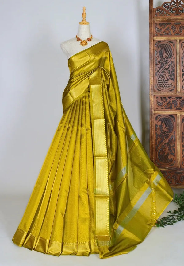 Olive-Gold Silk Tissue Plain Body Patta Border Banarasi Saree