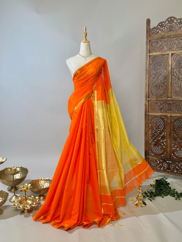 Orange-Yellow Poly-Silk-Cotton Butta-Woven South-Saree