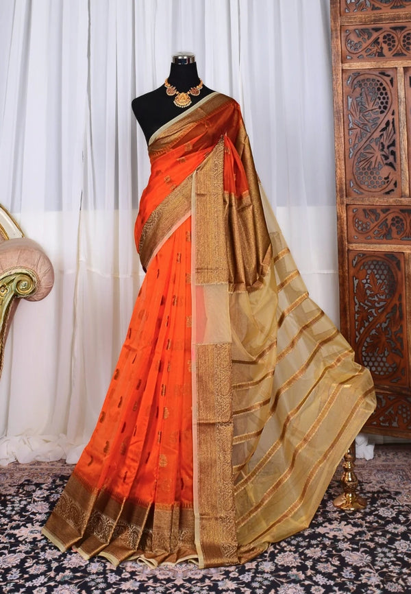 Orange-Cream Kora-Organza Woven-Border Banarasi-Saree