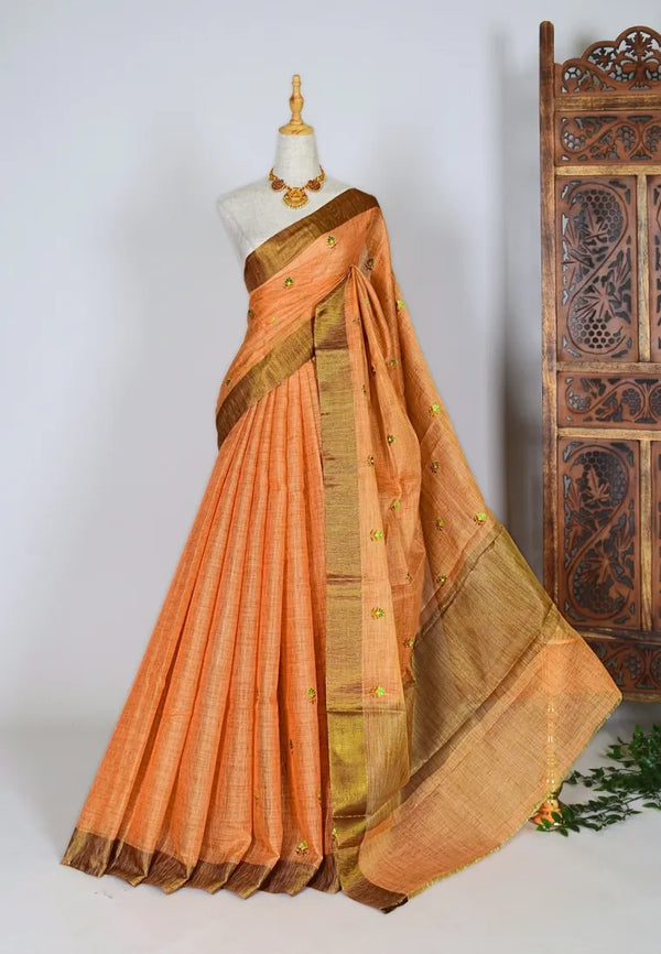 Orange-Peach Kota-Cotton Butta-Thread-Embroidery Banarasi-Saree