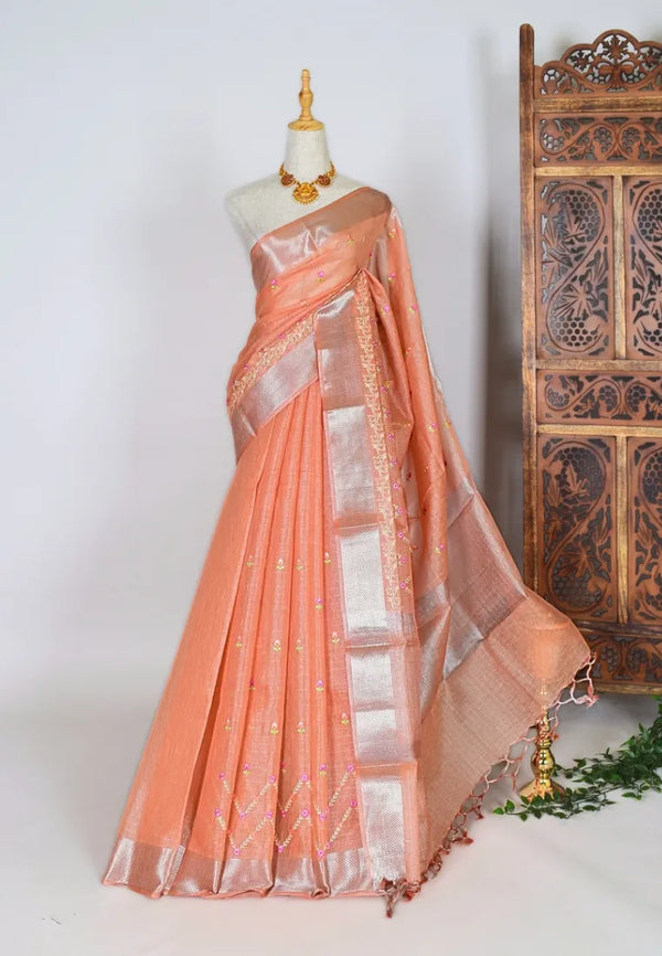 Orange-Peach Kota-Cotton Floral-Embroidery Silver-Patta Banarasi-Saree