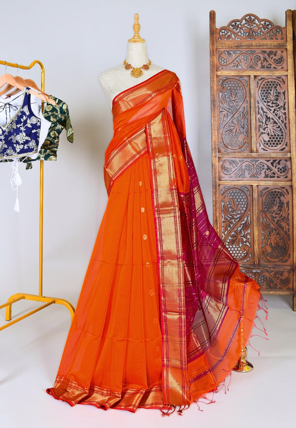 Orange Pink Handwoven Pure Silk Cotton Woven Buttis Contrast Pallu Maheshwari Saree