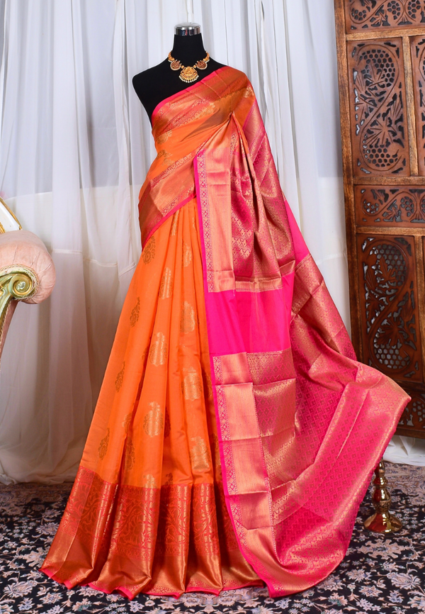Orange-Pink Silk Cotton Leaf Butta Contrast Pallu Banarasi Saree