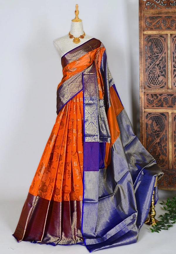 Orange-Purple Cotton-Silk Floral-Weaving Banarasi-Saree