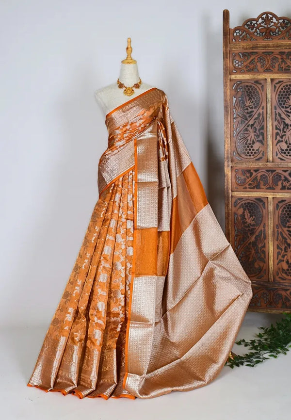 Orange-Silver Semi-Georgette Zari-Woven Banarasi-Saree