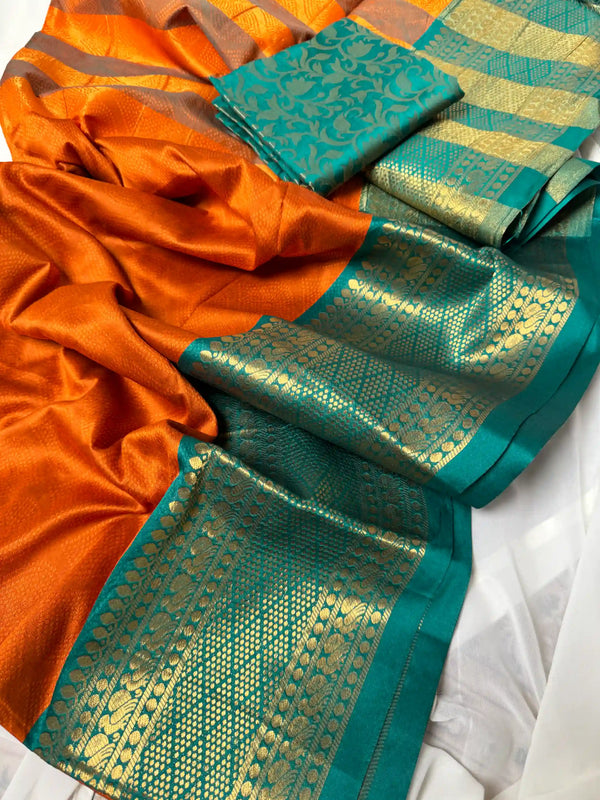 Orange-teal poly silk brocade blouse saree