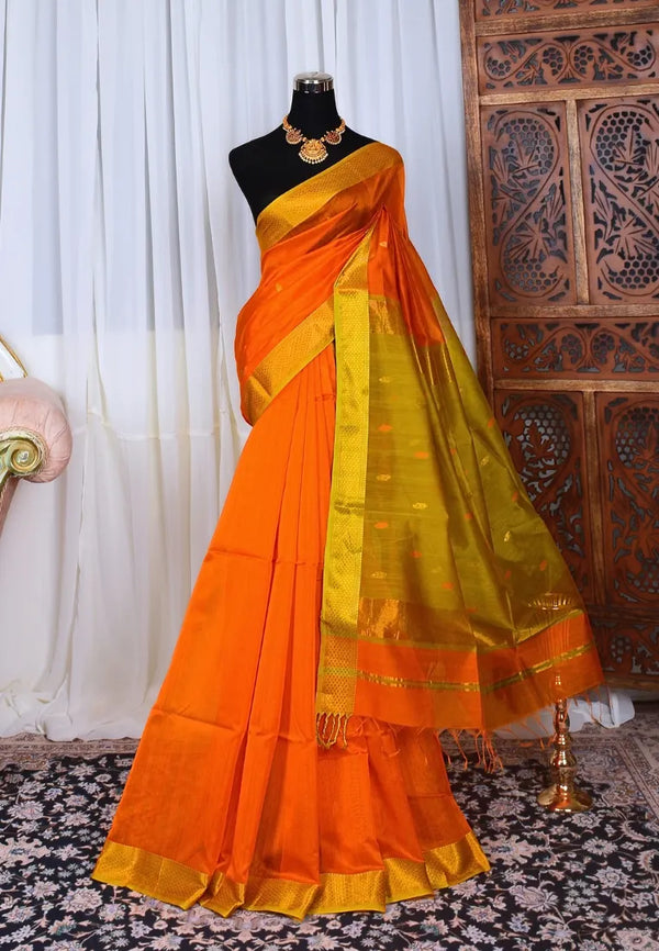 Orange-Yellow Handwoven Pure-Silk-Cotton Butti-Body Maheshwari-Saree