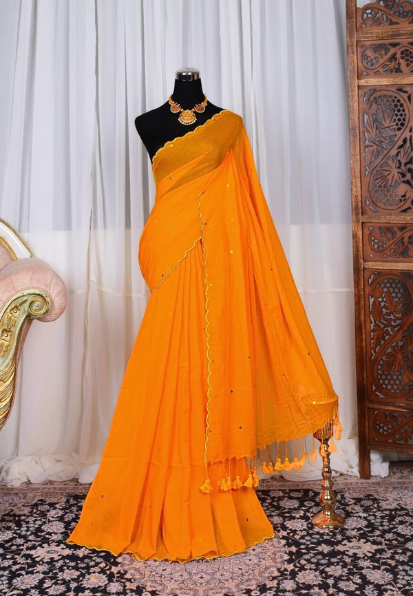 Orange Handspun Pure-Cotton Scallop-Border Sequin-Stitched Bengal-Saree