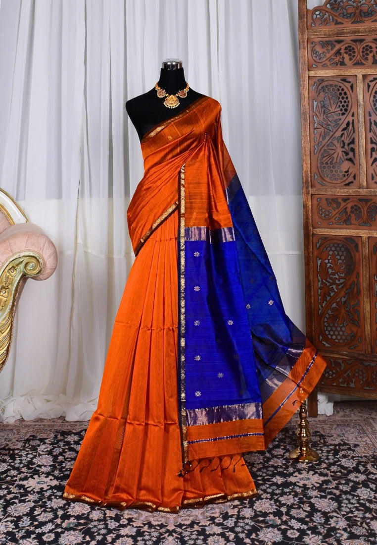 Orange-Royal-Blue Pure-Silk-Cotton Thin-Border Handloom Maheshwari-Sar ...