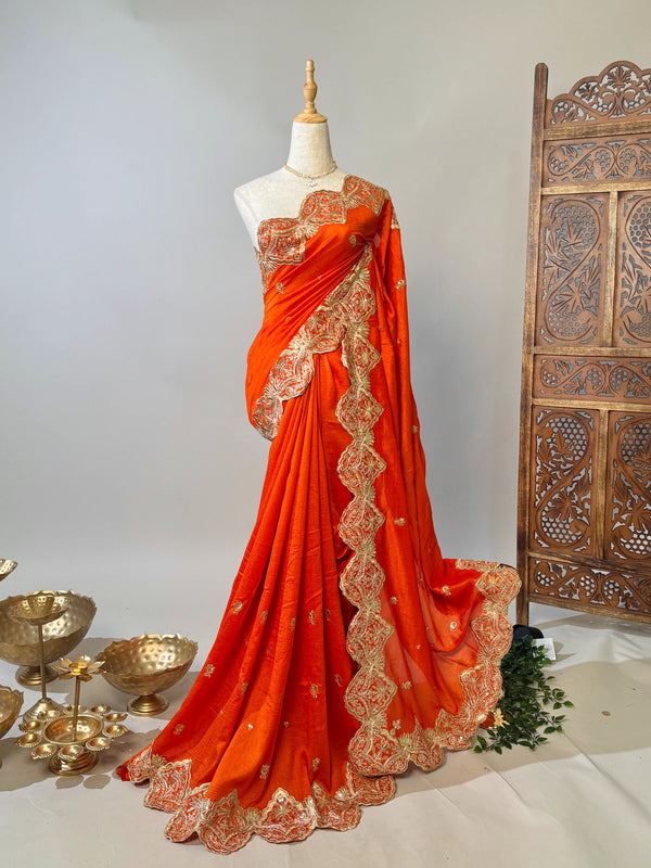 Orange-Gold Chinnon-Silk Gota-Patti-Embroidered North-Saree