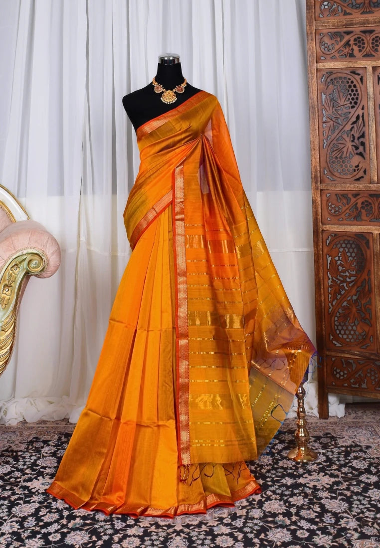 Orange-Yellow Pure-Silk-Cotton Thin-Zari-Border Handloom Maheshwari-Sa ...