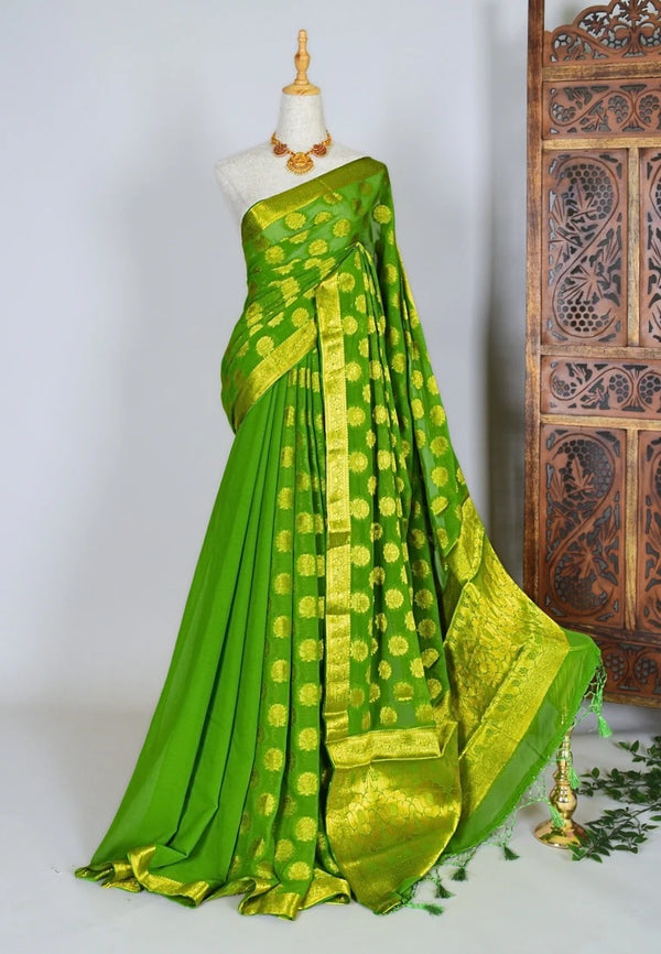 Parrot-Green Chiffon Butta-Body Banarasi-Saree