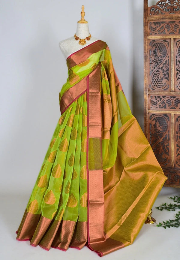 Parrot-Green Kora-Organza Zari-Butta Banarasi-Saree