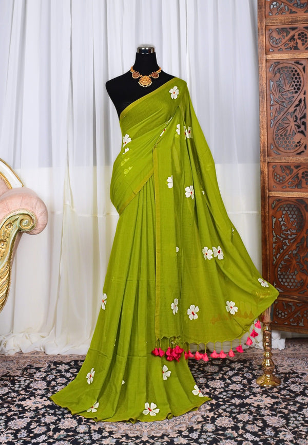 Parrot-Green Handspun Pure Cotton Handpainted Floral Bengal Saree