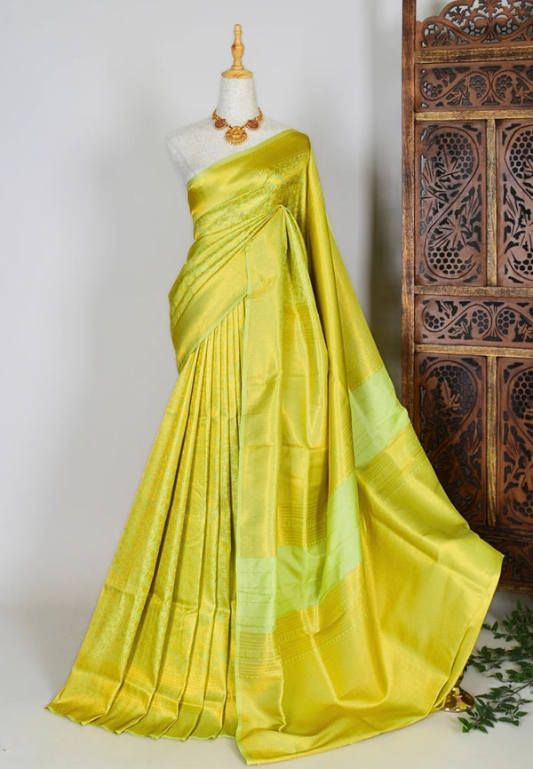 Parrot-Green Synthetic-Silk Kubera-Like Banarasi-Saree