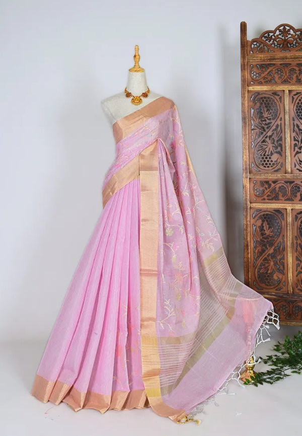 Pastel-Pink Kota-Cotton Floral-Thread-Embroidery Banarasi-Saree