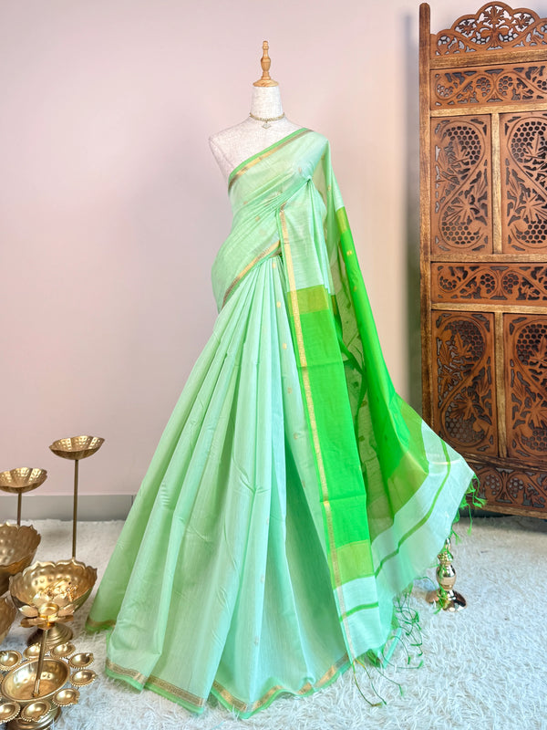 Pastel-Mint-Green Silk-Cotton Woven-Butti South Saree