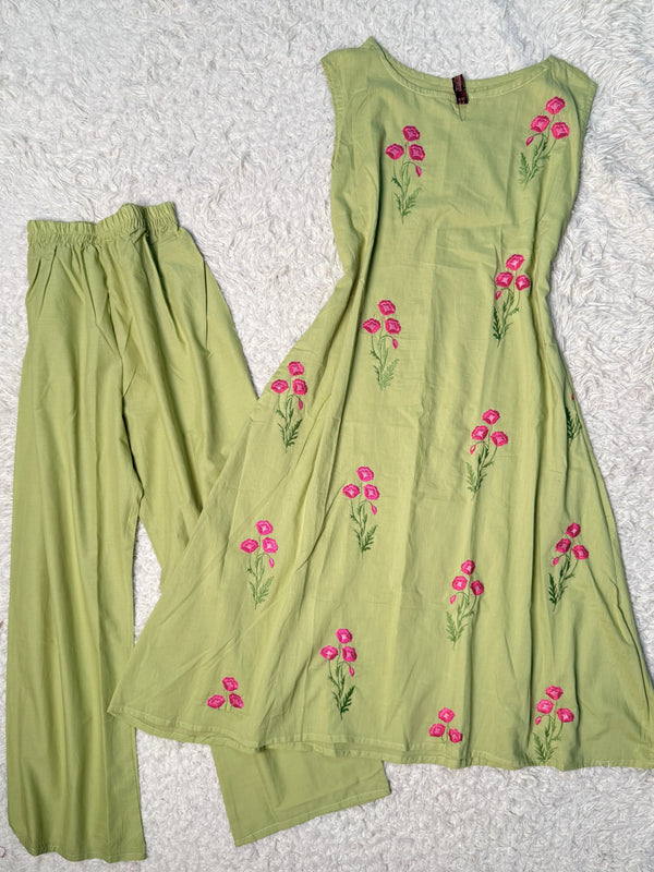 Pastel-Mint Embroidered Pure-Cotton A-Line Kurti-Pants-Set