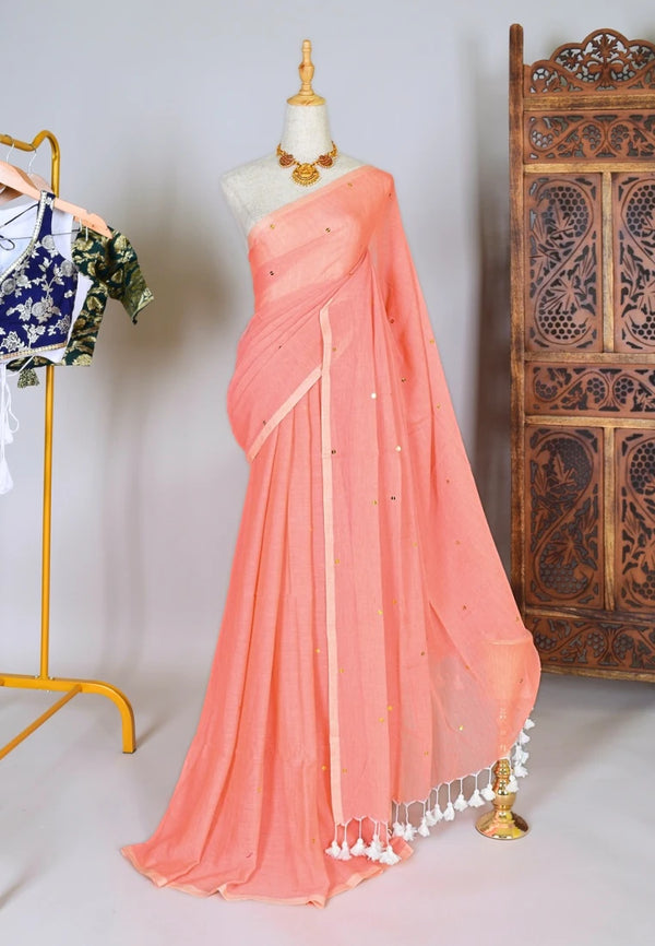 Pastel-Peach Handspun Pure-Cotton Sequin-Stitched Bengal-Saree