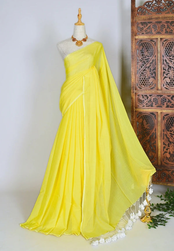 Pastel-Lemon-Yellow Handspun Pure-Cotton Plain-Soft Bengal-Saree