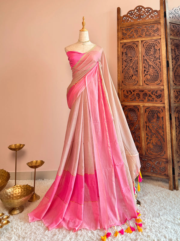 Pastel-Mint-Pink Handspun Pure-Cotton Ombre Bengal-Saree