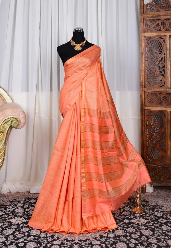 Pastel-Peach Kota-Silk Zari-Patta-Border bengal saree