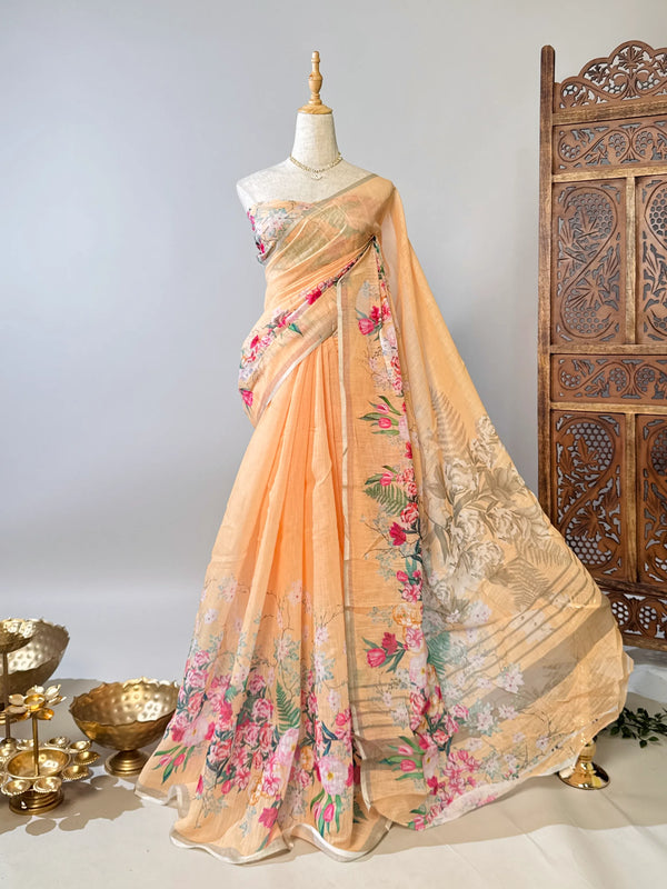 Pastel-Peach Soft-Silk-Cotton Floral-Border North-Saree