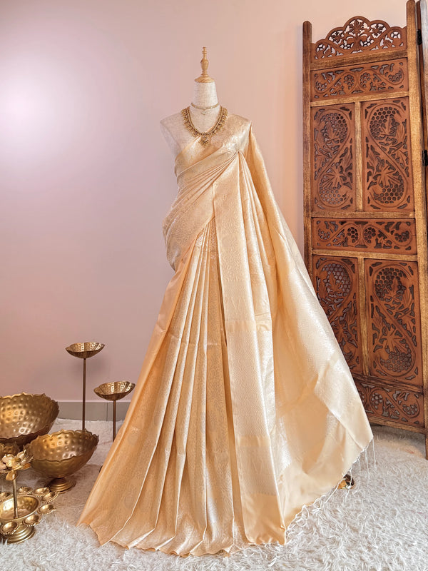 Pastel-Peach Soft-Silk Zari-Woven Borderless south saree