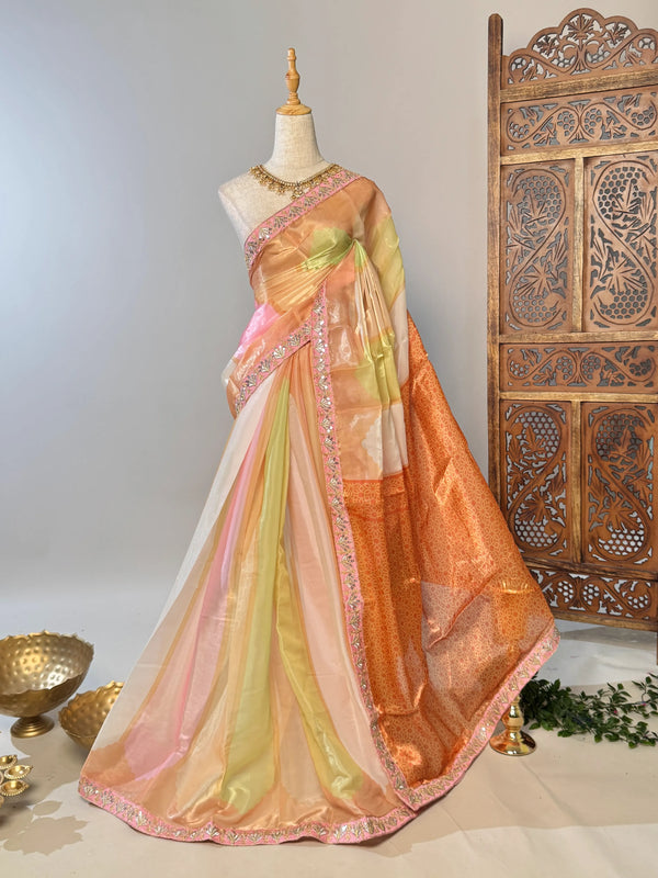 Pastel-Colourful Soft-Satin-Organza Sequin-Stitched North-Saree