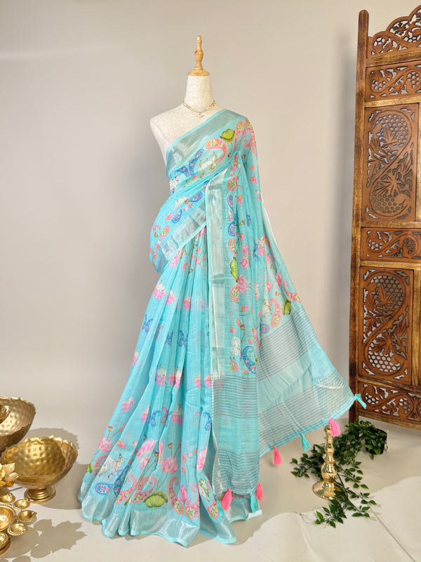 Pastel-Turquoise Soft-Cotton Kalamkari-Pichwa North-Saree