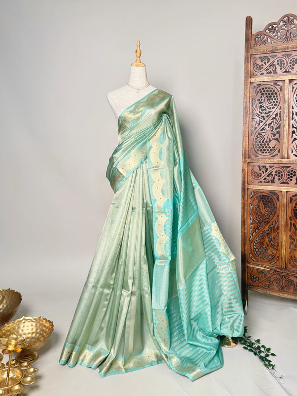 Pastel-Turquoise Silk-Tissue Crown-Border Banarasi-Saree